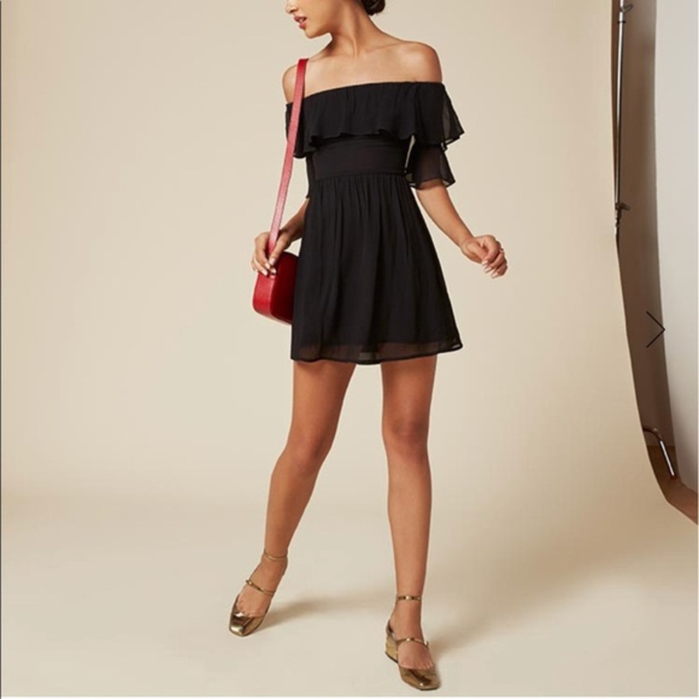 Black off the shoulder mini Reformation dress
